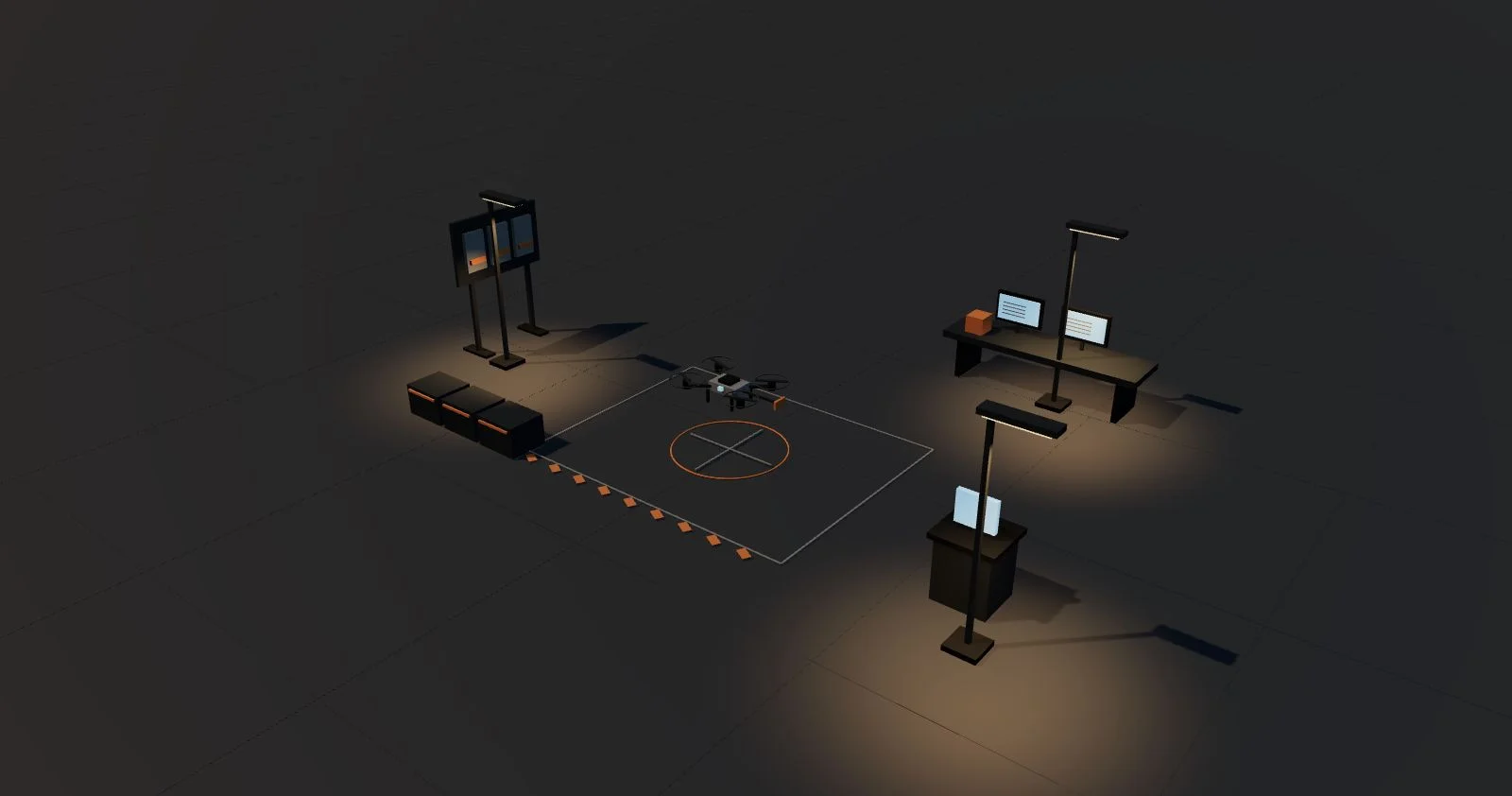 An open evening lab with warm freestanding lamps, research stations, and a quadrotor above a marked charcoal floor.